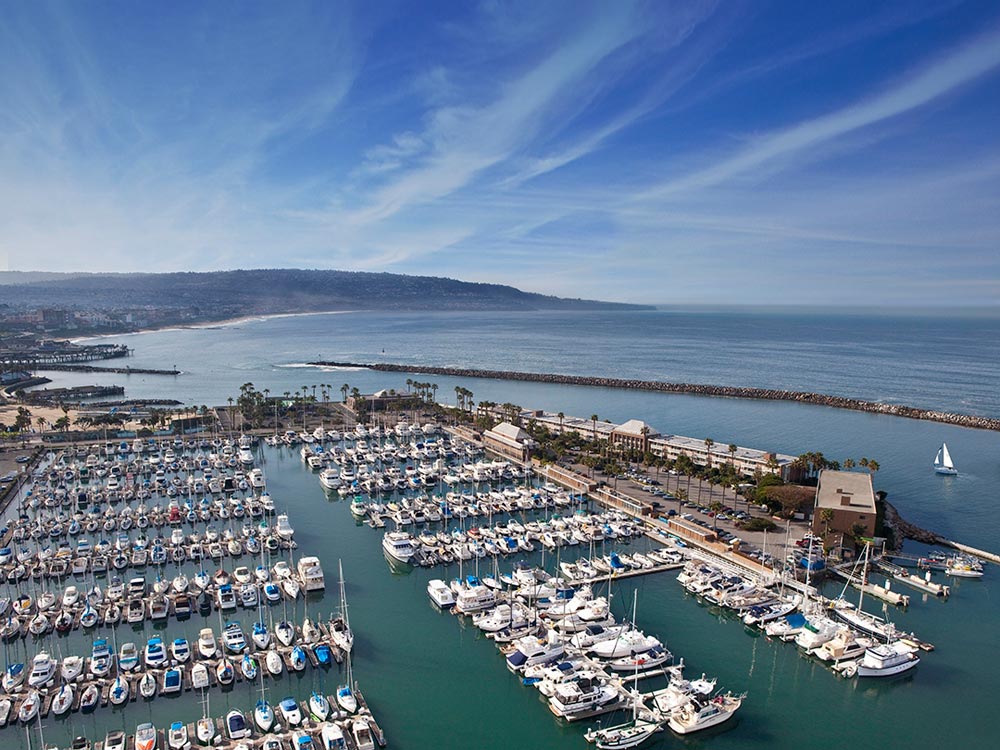 Portofino Marina aerial view showing boat slips in King Harbor